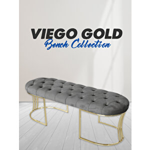 Viego Gold Puf - Lüks Metal Gold Ayak, Chester Model Yatak Ucu Bench Puf Gri