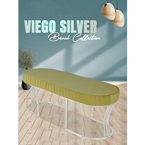 Viego Silver Striped Bench Lüks Metal Gümüş Ayak, Chester Model Yatak Ucu Puf Hardal