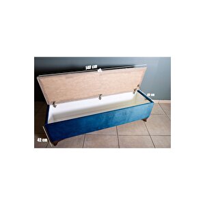 Vetra V2  Mavi Sandıklı Puf - Dilimli Model 140cm Ceviz Ayaklı Sandıklı Puf Koltuk