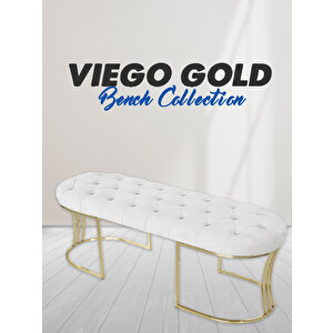 Viego Gold Puf - Lüks Metal Gold Ayak, Chester Model Yatak Ucu Bench Puf Beyaz
