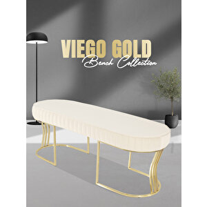 Viego Gold Striped Bench Lüks Metal Gold Ayak, Chester Model Yatak Ucu Puf Beyaz