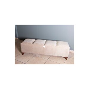 Vetra V2  Krem Sandıklı Puf - Dilimli Model 140cm Ceviz Ayaklı Sandıklı Puf Koltuk Krem