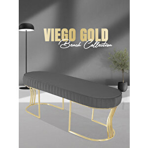 Viego Gold Striped Bench Lüks Metal Gold Ayak, Chester Model Yatak Ucu Puf Gri