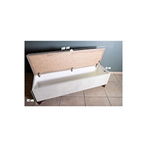 Vetra V2  Beyaz Sandıklı Puf - Dilimli Model 140cm Ceviz Ayaklı Sandıklı Puf Koltuk Beyaz