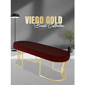 Viego Gold Striped Bench Lüks Metal Gold Ayak, Chester Model Yatak Ucu Puf Bordo