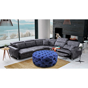 Yuvarlak Chester Model Kapitoneli Oval Orta Puf- Modern Puf Mavi