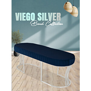 Viego Silver Striped Bench Lüks Metal Gümüş Ayak, Chester Model Yatak Ucu Puf Mavi