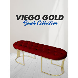 Viego Gold Puf - Lüks Metal Gold Ayak, Chester Model Yatak Ucu Bench Puf Bordo