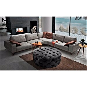 Yuvarlak Chester Model Kapitoneli Oval Orta Puf- Modern Puf Gri