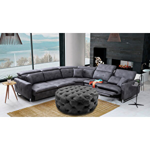 Yuvarlak Chester Model Kapitoneli Oval Orta Puf- Modern Puf Gri
