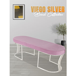 Viego Silver Smooth Bench Lüks Metal Gümüş Ayak, Chester Model Yatak Ucu Puf Pembe