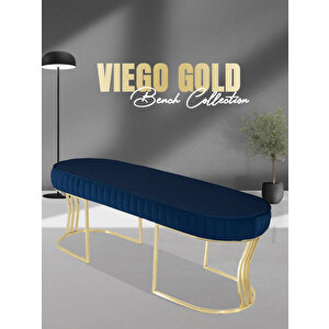 Viego Gold Striped Bench Lüks Metal Gold Ayak, Chester Model Yatak Ucu Puf Mavi