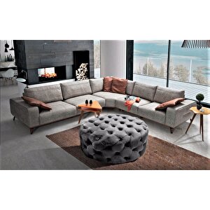 Yuvarlak Chester Model Kapitoneli Oval Orta Puf- Modern Puf Açık Gri