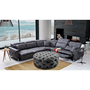Yuvarlak Chester Model Kapitoneli Oval Orta Puf- Modern Puf Açık Gri