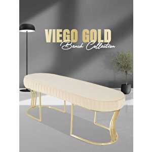 Viego Gold Striped Bench Lüks Metal Gold Ayak, Chester Model Yatak Ucu Puf Krem