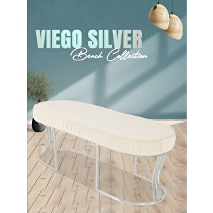 Viego Silver Striped Bench Lüks Metal Gümüş Ayak, Chester Model Yatak Ucu Puf Beyaz