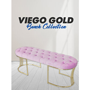 Viego Gold Puf - Lüks Metal Gold Ayak, Chester Model Yatak Ucu Bench Puf Pembe
