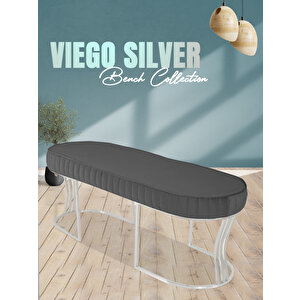 Viego Silver Striped Bench Lüks Metal Gümüş Ayak, Chester Model Yatak Ucu Puf Gri