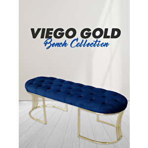 Viego Gold Puf - Lüks Metal Gold Ayak, Chester Model Yatak Ucu Bench Puf Mavi