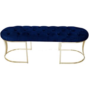 Viego Gold Puf - Lüks Metal Gold Ayak, Chester Model Yatak Ucu Bench Puf Mavi