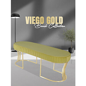 Viego Gold Striped Bench Lüks Metal Gold Ayak, Chester Model Yatak Ucu Puf Hardal