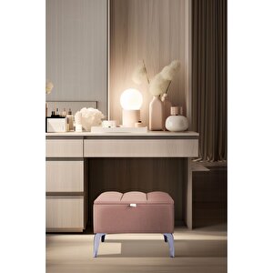 Vetra Silver Mini Royal Sandıklı Puf, Dekoratif Bench Puf Pudra Pembe