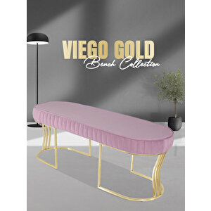 Viego Gold Striped Bench Lüks Metal Gold Ayak, Chester Model Yatak Ucu Puf Pembe