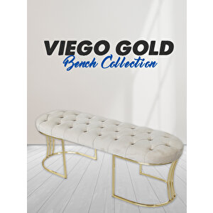 Viego Gold Puf - Lüks Metal Gold Ayak, Chester Model Yatak Ucu Bench Puf Krem