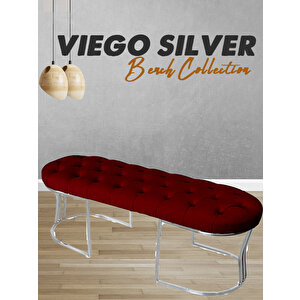 Viego Silver Puf Lüks Metal Gümüş Ayak, Chester Model Yatak Ucu Bench Bordo