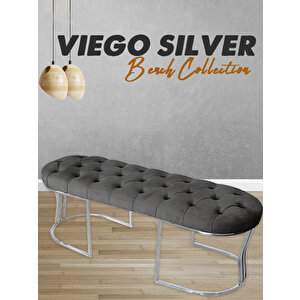 Viego Silver Puf Lüks Metal Gümüş Ayak, Chester Model Yatak Ucu Bench Gri