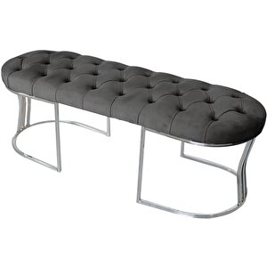 Viego Silver Puf Lüks Metal Gümüş Ayak, Chester Model Yatak Ucu Bench Gri