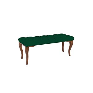 Classic Torna Gürgen Ahşap Ayak Chester Model Kapitoneli Puf Bench - Ceviz Ayak Yeşil