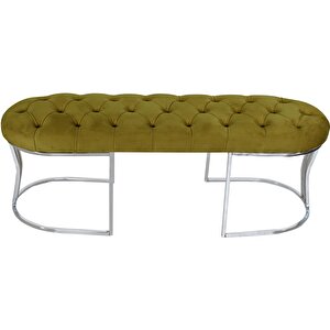Viego Silver Puf Lüks Metal Gümüş Ayak, Chester Model Yatak Ucu Bench Hardal Sarısı
