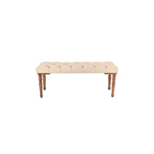 Classic Torna Gürgen Ahşap Ayak Chester Model Kapitoneli Puf Bench - Ceviz Ayak Krem