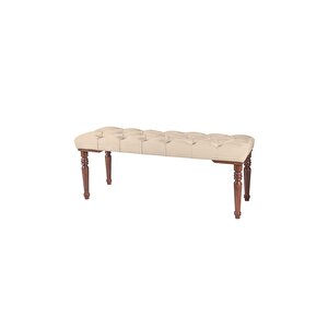Classic Torna Gürgen Ahşap Ayak Chester Model Kapitoneli Puf Bench - Ceviz Ayak Krem