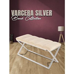 Varcera Silver Sliced Bench Çapraz Metal Ayaklı Dilimli Model Puf Beyaz