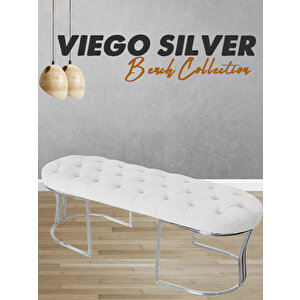 Viego Silver Puf Lüks Metal Gümüş Ayak, Chester Model Yatak Ucu Bench Beyaz
