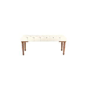 Classic Torna Gürgen Ahşap Ayak Chester Model Kapitoneli Puf Bench - Ceviz Ayak Beyaz