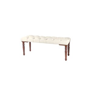 Classic Torna Gürgen Ahşap Ayak Chester Model Kapitoneli Puf Bench - Ceviz Ayak Beyaz