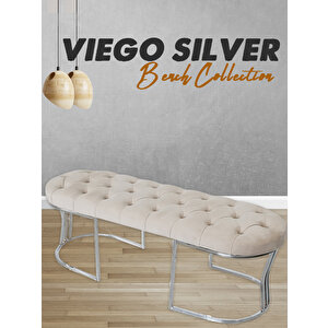 Viego Silver Puf Lüks Metal Gümüş Ayak, Chester Model Yatak Ucu Bench Krem
