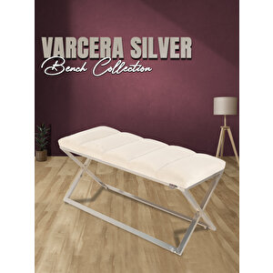 Varcera Silver Sliced Bench Çapraz Metal Ayaklı Dilimli Model Puf Krem