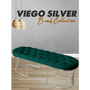 Viego Silver Puf Lüks Metal Gümüş Ayak, Chester Model Yatak Ucu Bench Yeşil