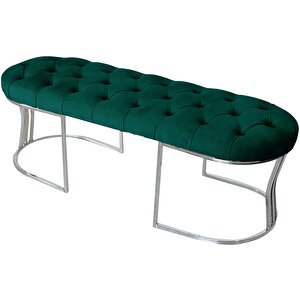 Viego Silver Puf Lüks Metal Gümüş Ayak, Chester Model Yatak Ucu Bench Yeşil
