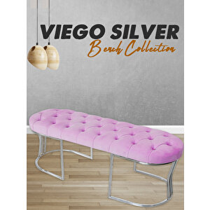 Viego Silver Puf Lüks Metal Gümüş Ayak, Chester Model Yatak Ucu Bench Pembe
