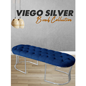 Viego Silver Puf Lüks Metal Gümüş Ayak, Chester Model Yatak Ucu Bench Mavi