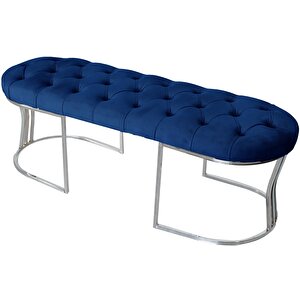 Viego Silver Puf Lüks Metal Gümüş Ayak, Chester Model Yatak Ucu Bench Mavi