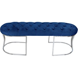 Viego Silver Puf Lüks Metal Gümüş Ayak, Chester Model Yatak Ucu Bench Mavi