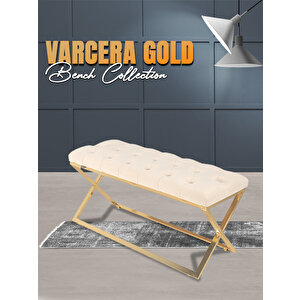 Varcera Gold Bench Çapraz Metal Ayaklı Kapitoneli Model Puf Beyaz