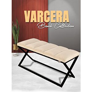 Varcera Sliced Puf - Siyah Çapraz Metal Ayaklı, Dilimli Model Bench Puf Krem