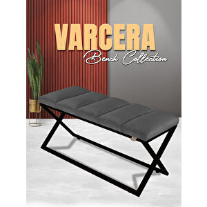 Varcera Sliced Puf - Siyah Çapraz Metal Ayaklı, Dilimli Model Bench Puf Gri